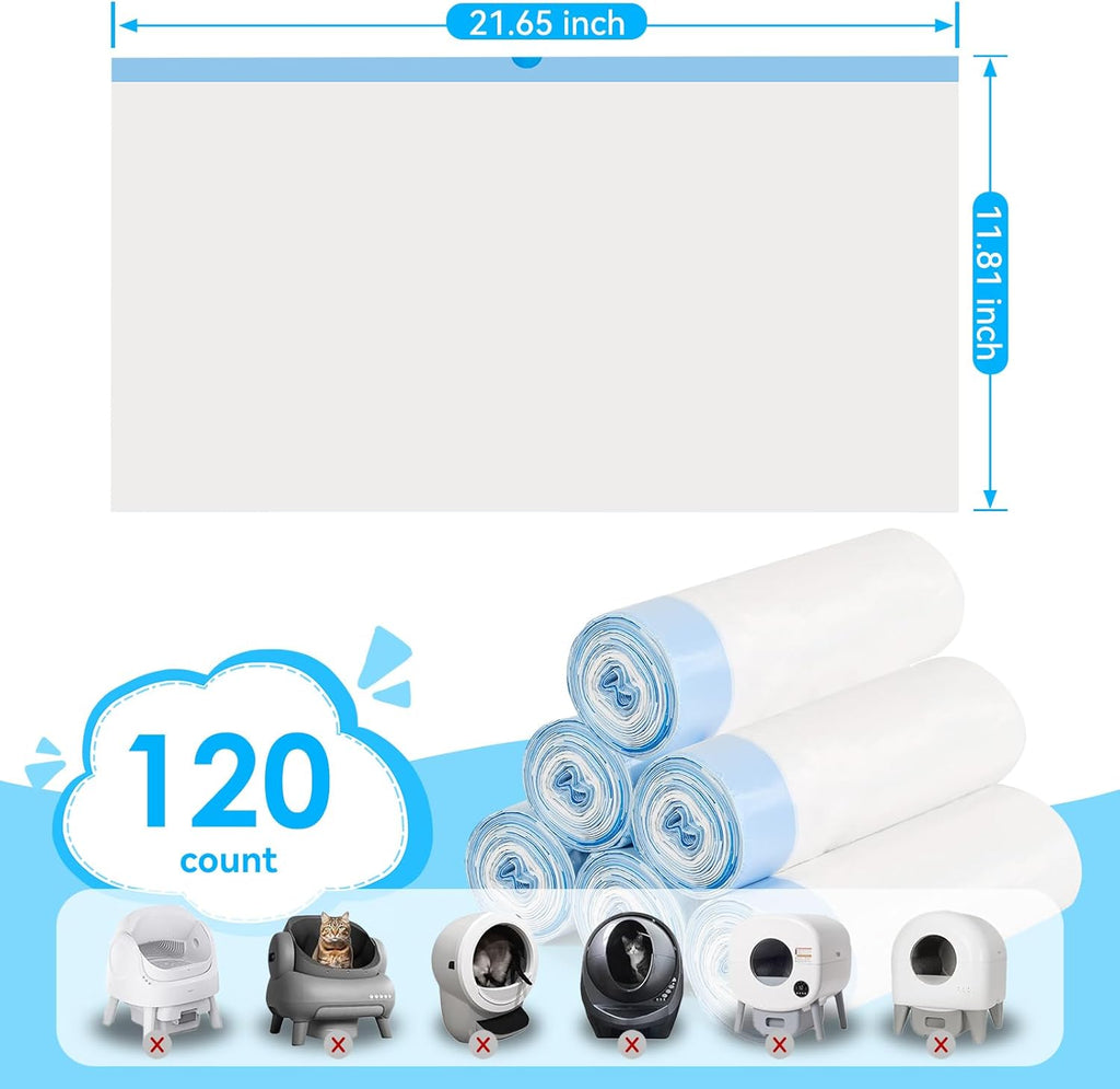 Cat Litter Bags 120 Count, 21.65"x11.8" Drawstring Close Litter Box Liners for Automatic Litter Box,Thick Cat Poop Bags,Easy to Clean,Heavy Duty Robot Bag for Self-Cleaning Box