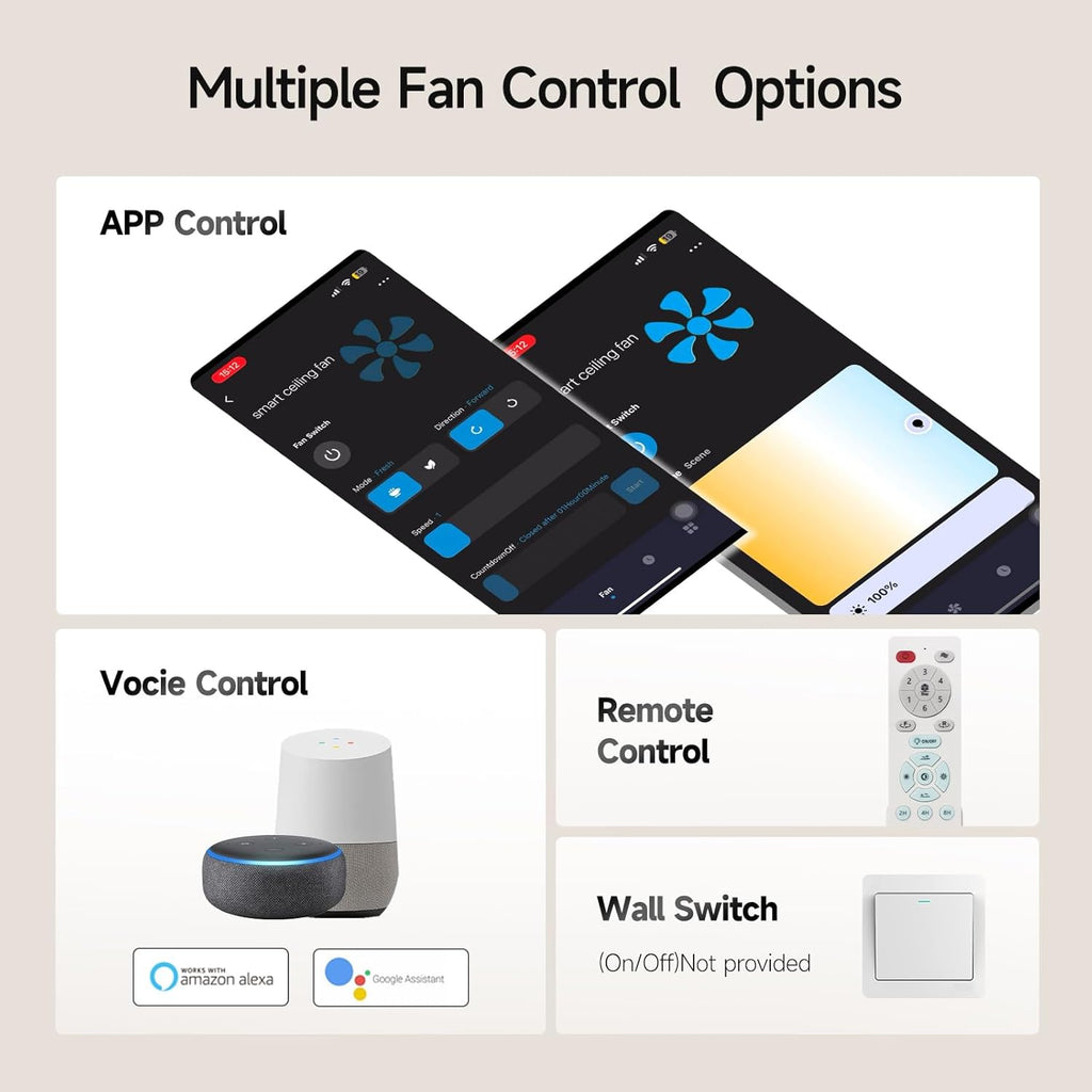 Ceiling Fans With Lights,52 Inch Smart Ceiling Fan, Remote/App Control, Compatible with Alexa/Google Assistant,Reversible,Dimmable,Adjustable Color Temperature,6 Speeds,Timer(Black)