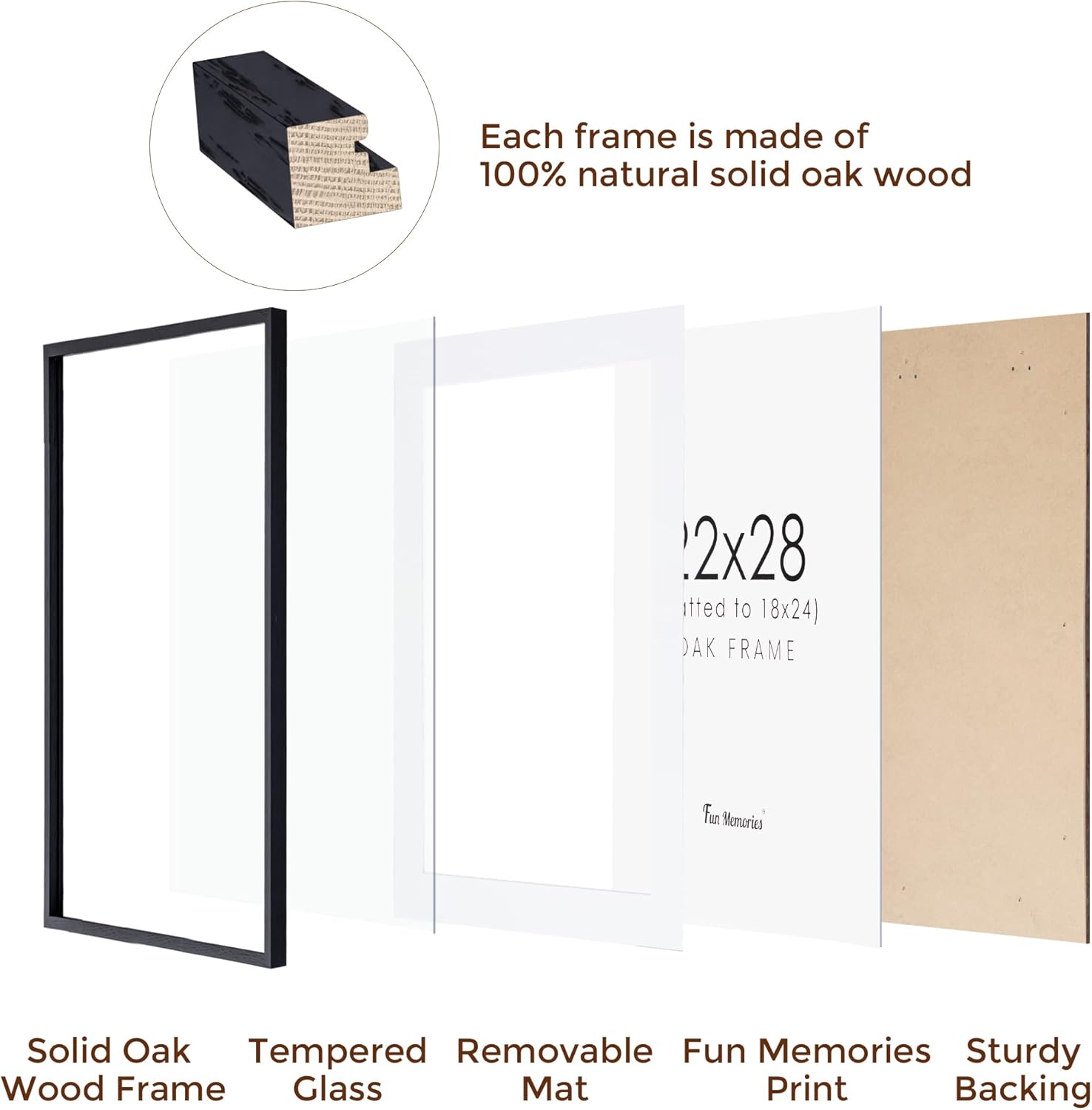 Fun Memories 22x28 Picture Frame Black 2 Pack, 22"x28" Oak Wood Frames for Wall, Rustic Poster Frames 22 x 28, 22x28 Matted Frame to 18x24, Tempered Real Glass, 22 by 28 Art Frame