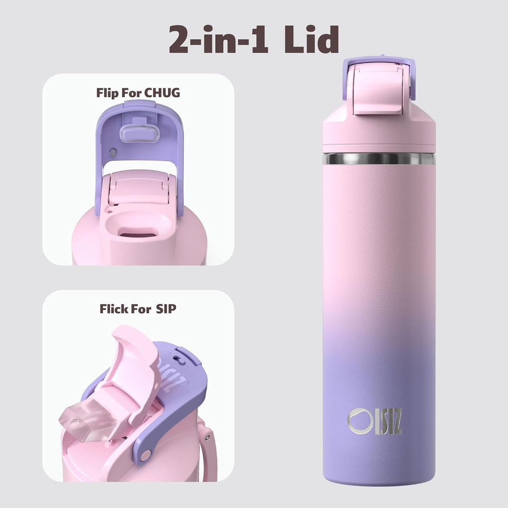OISIZ Insulated Water Bottle 24 oz with 2 in 1 Spout and Straw Lid,One Click Safety Lock,100% Leakproof,Keep Cold 24H,Vacuum Stainless Steel Water Bottle for School,Travel and Sports,Dishwasher Safe