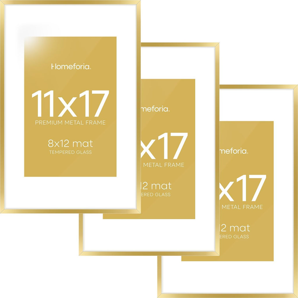 Homeforia 11x17 Picture Frame Gold, High End Metal 11x17 Poster Frames with Mat 8x12 for Photo, 11 x 17 Gold Frame Matted to 8 by 12 Print, 17x11 Thin Hanging Frame, Tempered Glass, Wall Kit, Set of 3