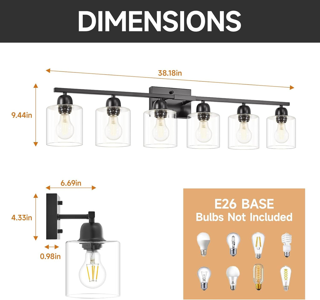 Bath Vanity Lights For Mirror, Restroom Lights Fixtures With Milky White Frosted Glass Shades,Bathroom Over Sink Light Fixtures, Bathroom Light Fixtures Over Mirror (Black with clear glass, 6-Light)