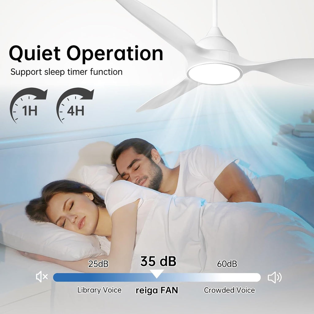 reiga 52 inch White Modern Ceiling Fans with Lights Remote Control, Quiet Reversible DC Motor, 3 Blade High Flow for Living Room Bedroom Farmhouse