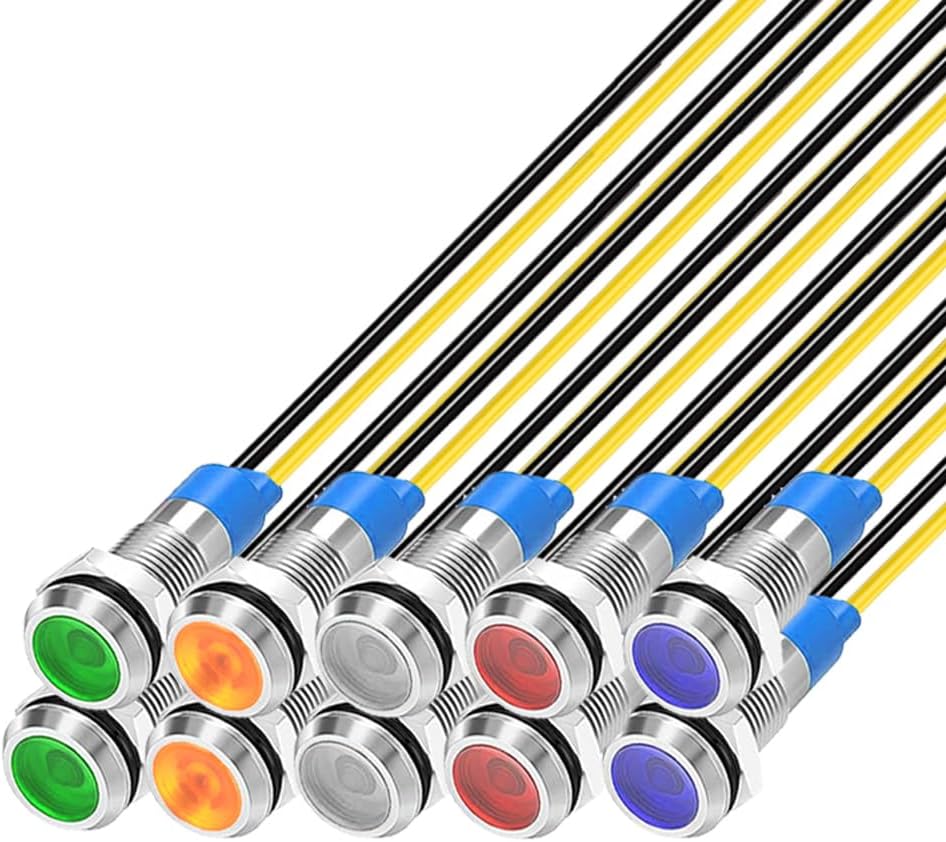 10Pcs 6mm 110V-220VAC LED Metal Indicator Light Waterproof Signal Lamp (Green/Orange/Red/Blue/White,Each 2pcs)