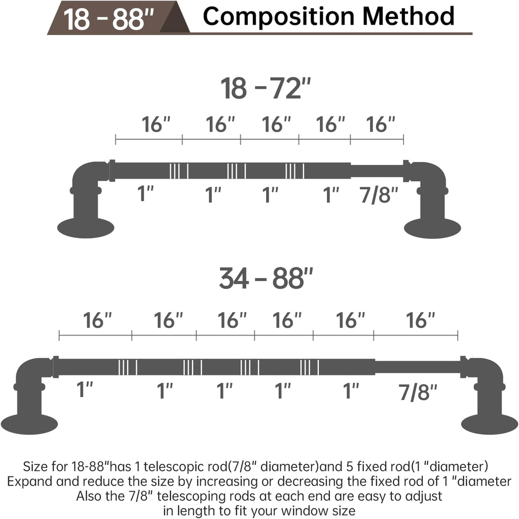 Industrial Curtain Rods 18 to 88 in,Blackout Curtain Rod,Adjustable Length,1 in Diameter Pipe,Wall or Ceiling Mounted,for Bedroom and Living Room (Antique Brass18” to 88”)