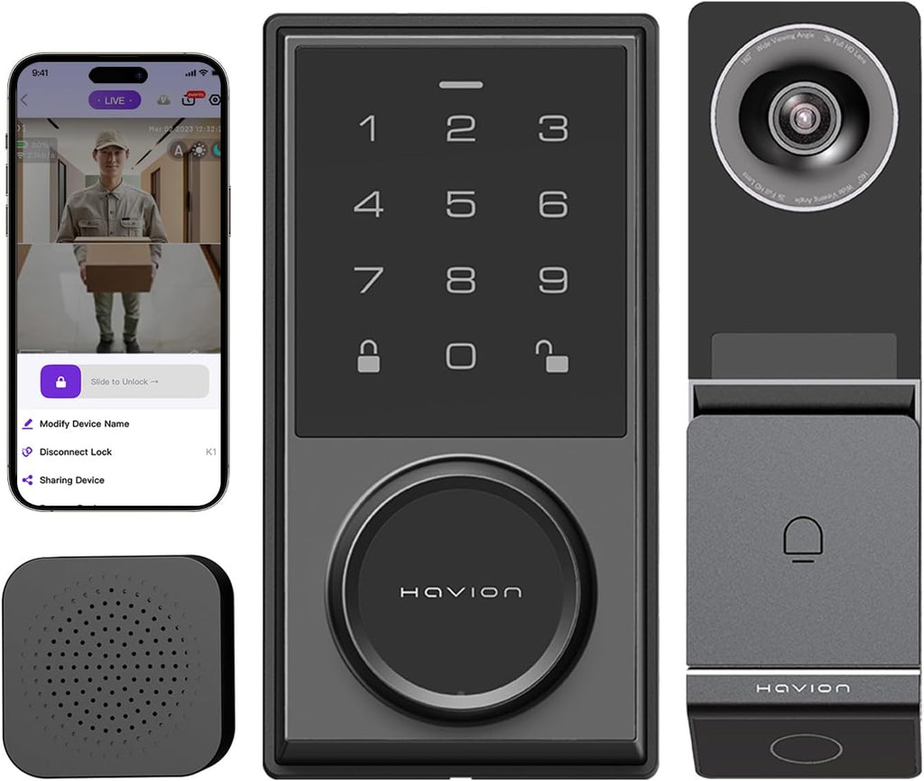 Wireless Video Doorbell w/ Smart Lock Set - Incl. Chime, Dual Cameras, 5MP 3K QHD, 2'' Screen & 32GB eMMC, Motion Detection & Real-time Alert, 2-way Audio, Door Bell and Keyless Entry Front Door Lock