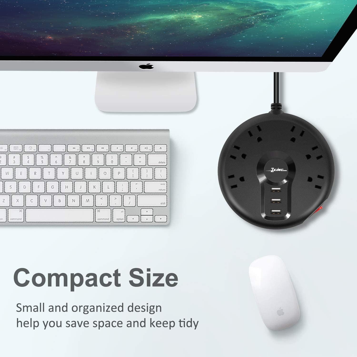 Power Strip, 6 Outlets and 3 USB Ports 6.5FT Long Extension Cord, Circle Socket Overload Surge Protector, 100% Copper Core, Flat Plug Charging Station Compact for Office, Home, Travel (Black)