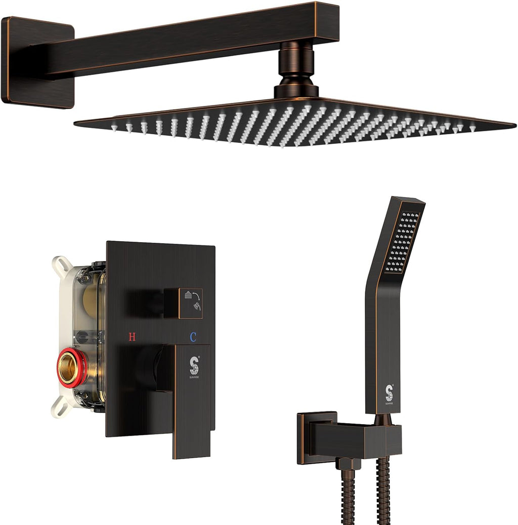 SR SUN RISE Oil Rubbed Bronze Shower System 12 Inches Brass Bathroom Luxury Rain Mixer Shower Combo Set Wall Mounted Rainfall Shower Head System Shower Faucet Rough-in Valve Body and Trim Included