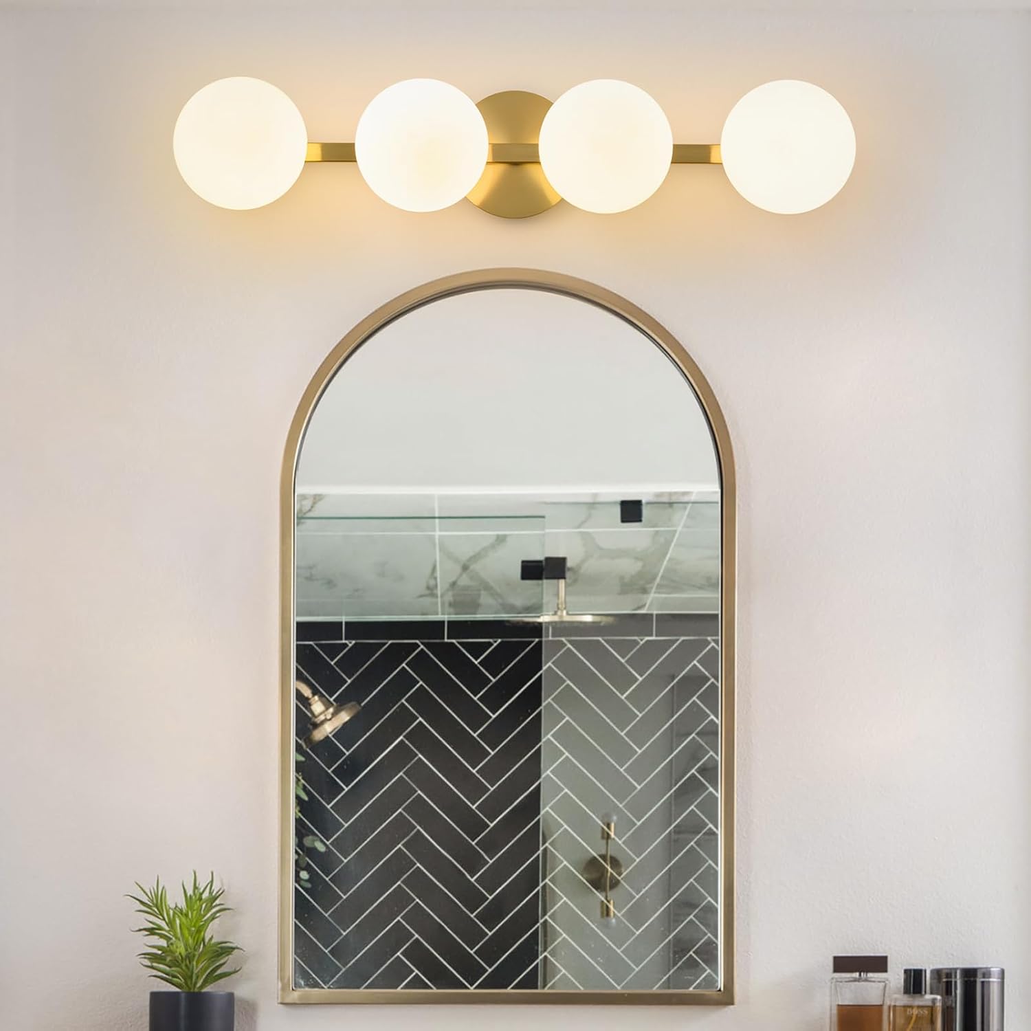 Bathroom Vanity Mirror Light Fixtures: 4 Lights Bath Wall Sconce Lighting - Brass Gold Vanity Lights with Milk Glass Shade - Modern Minimalist Makeup Light Fixture Above Mirror for Hallway E26 Base