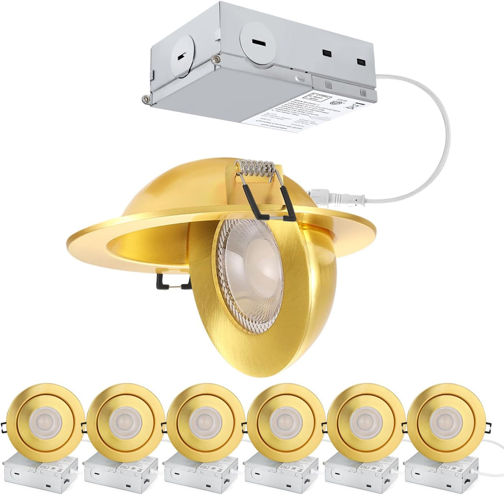 4 inch LED Recessed Light - 9W Gold Gimbal Recessed Lighting Canless Soffit Swivel Eyeball 90° Tilt Wafer Slope Ceiling Adjustable Spotlight Dimmable for Accent Lighting Gold 6 Pack