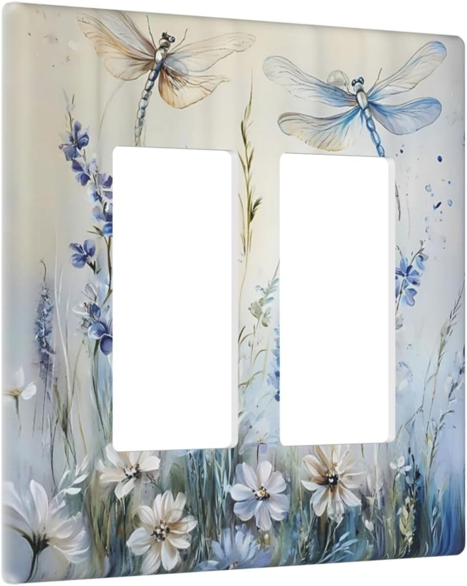 Decorative Outlet Covers Watercolor Dragonfly Blue Wihte Flower 2 Gang Light Switch Cover Plate Double Rocker Wall Plates for Electrical Outlets Switch Plate Covers for Bedroom Home Decor