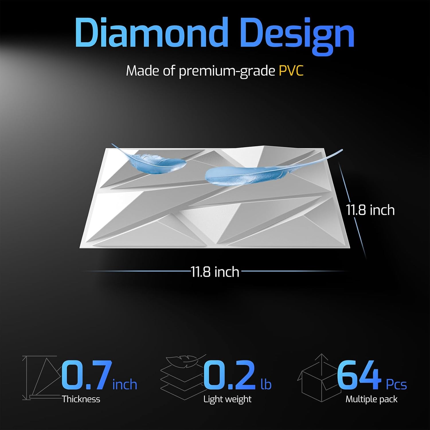 64 Pack White 3D Wall Panels for Interior Wall Decor, 11.8'' x 11.8'' Decorative Wall Panels, Accent Wall Panels, 3D Diamond Design Wall Decor for Living Room, Bedroom, Gaming Room