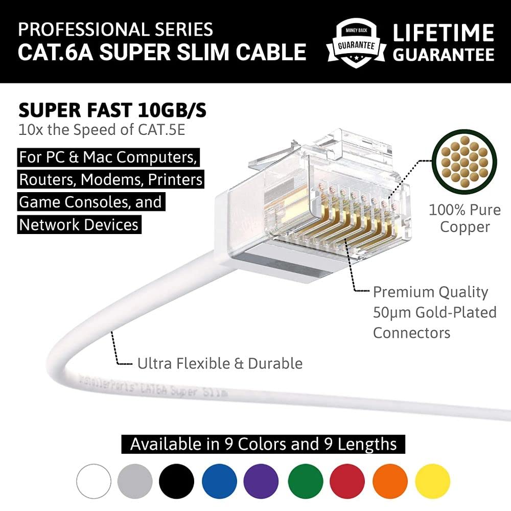 InstallerParts Ethernet Cable CAT6A Super Slim Cable UTP 7 FT (50 Pack) - White - Professional Series - 10Gigabit/Sec Network/High Speed Internet Cable, 550MHZ, 32AWG