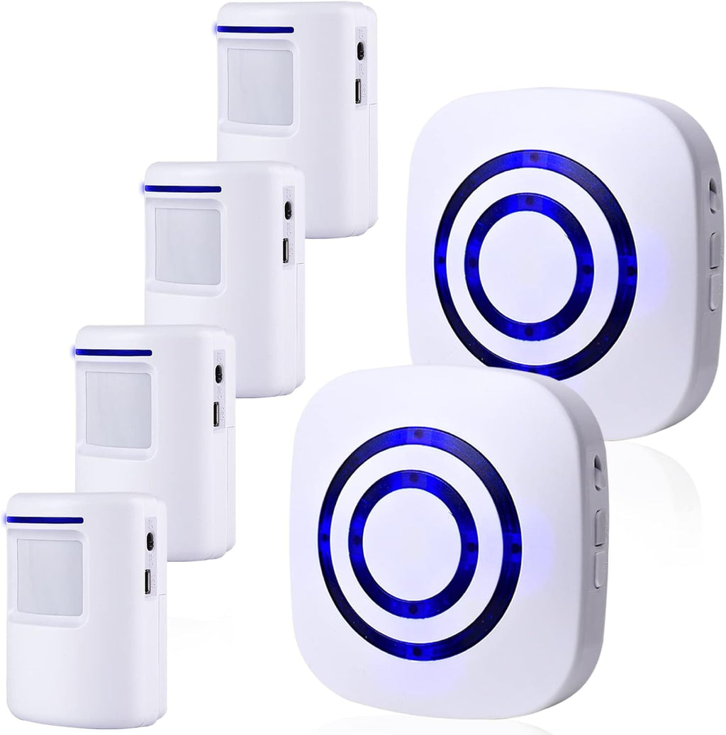 Motion Sensor Alarm, Long Range Wireless Driveway Alarm, Indoor Home Security System Electric Doorbells, 4 Motion Detector and 2 Alarm, 38 Chime Tunes, LED Indicator