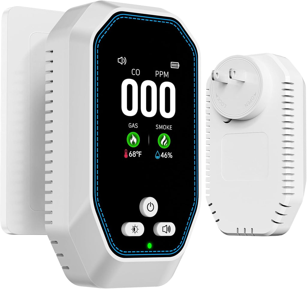 5-in-1 Carbon Monoxide Detectors Plug in, Natural Gas Leak & Smoke Alarm with Temp/Humidity, Battery Backup, CO Detector with LCD Display, Propane Gas Monitor for Home Hotel Travel Camping RV