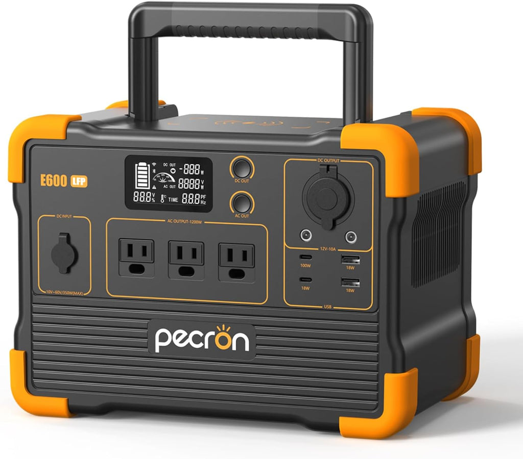Pecron E600LFP Portable Power Station (2025 New), 614Wh LiFePO4 Battery Backup, 1200W AC Outlet/Max 100W USB-C Output, Solar Generator(Solar Panel Optional) for Camping, Emergency, Home, RV (No UPS)