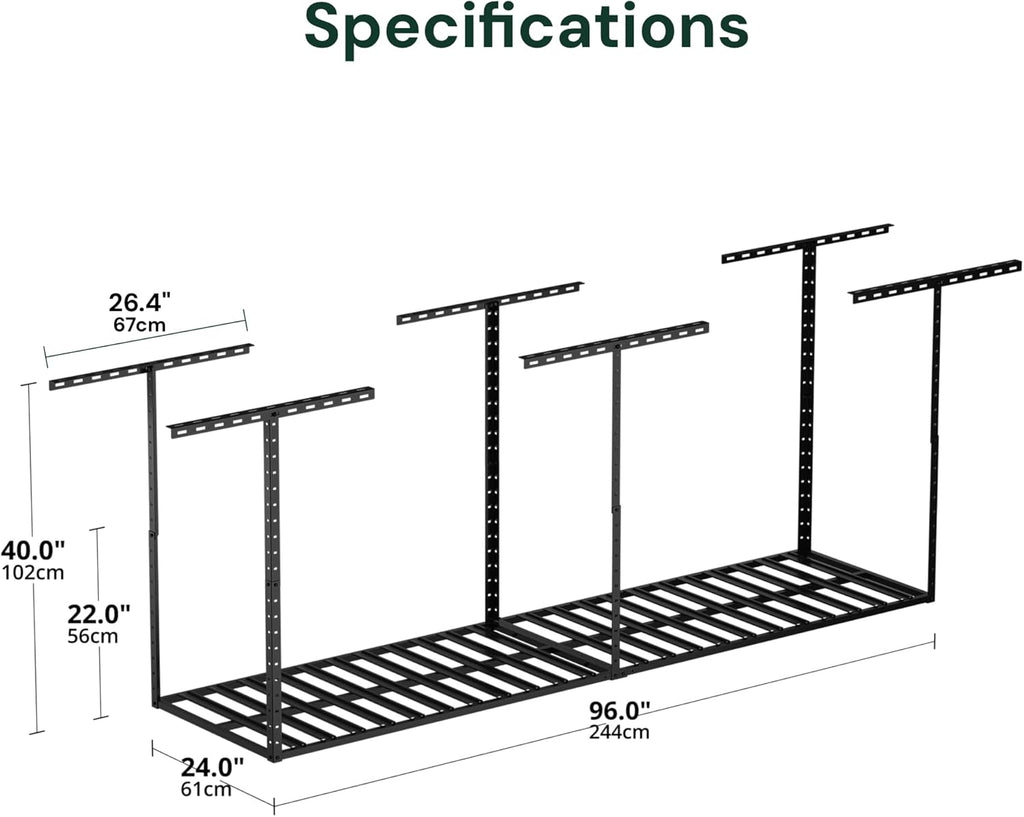 SunsGrove 2x8 Garage Storage Overhead Rack Organization, Adjustable Ceiling Mounted Storage Racks, 800LBS Weight Capacity, 22"-40" Ceiling Dropdown, 2 Pcs, Hammertone Black