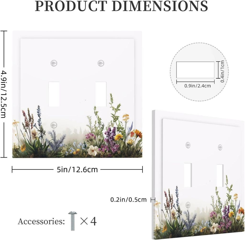 Decorative Switch Plate Covers White Background Colorful Flowers Plants Green Leaves 2 Gang Double Toggle Light Switch Cover Plate Electrical Wall Plate Outlet Cover for Bedroom Home Decor