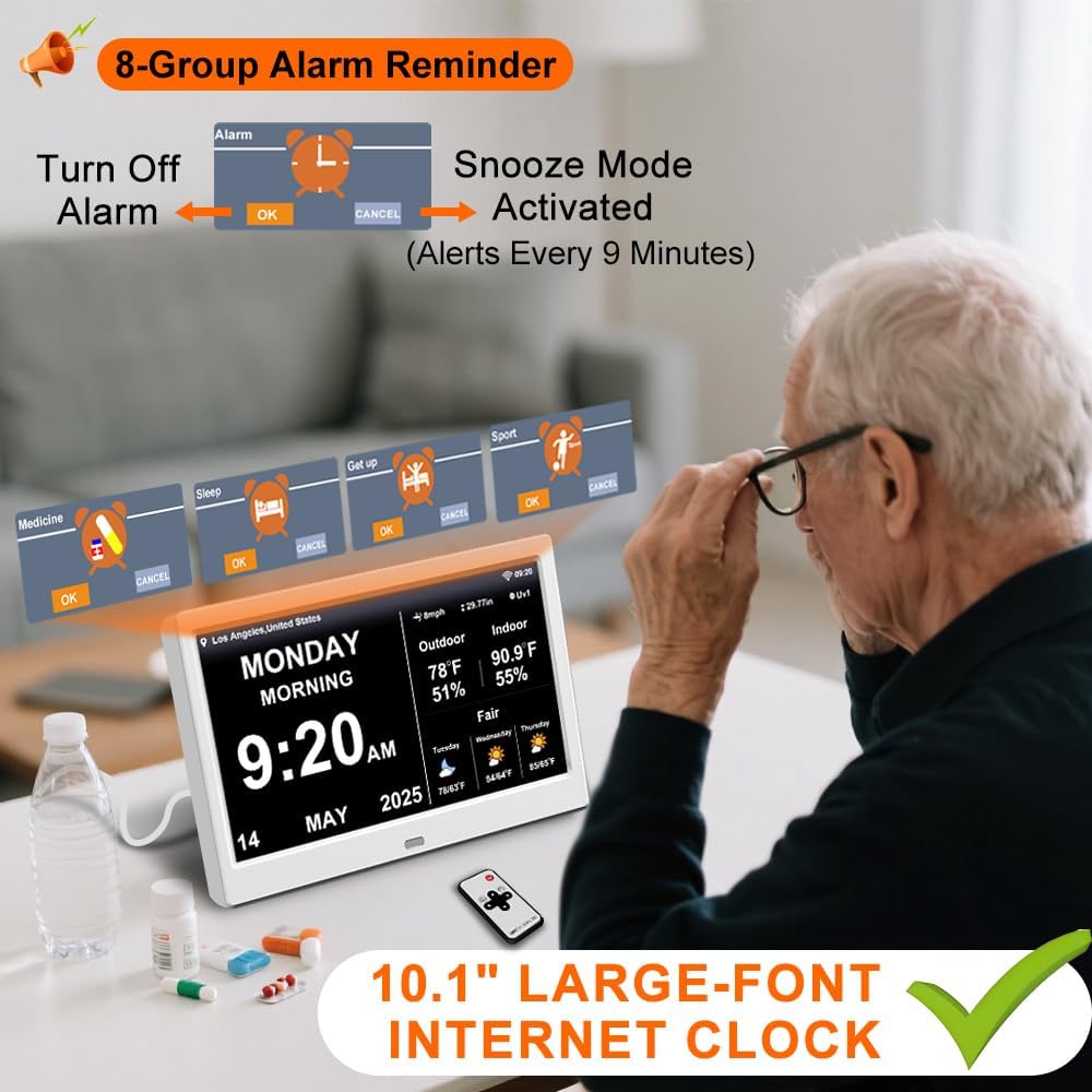 2025 Digital Clock with Weather Forecast & Temperature/Humidity Large Display,Auto Time Sync, Custom Alarms & Medication Reminders, Elderly Memory Loss (White, 10.1 Inch)