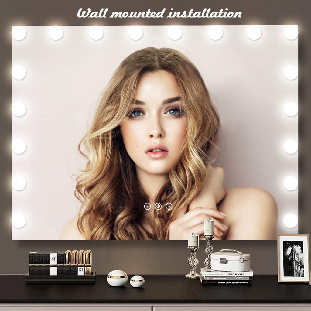 THEKLA 24 x 32 Inch Hollywood Light Vanity Mirror with 18 Bulbs Adjustable 3 Color Lights 32" Vanity Lighted Mirror for Bathroom Bedroom Wall Vanity Makeup Table Mirrors with Lights Base X10 Magnifier