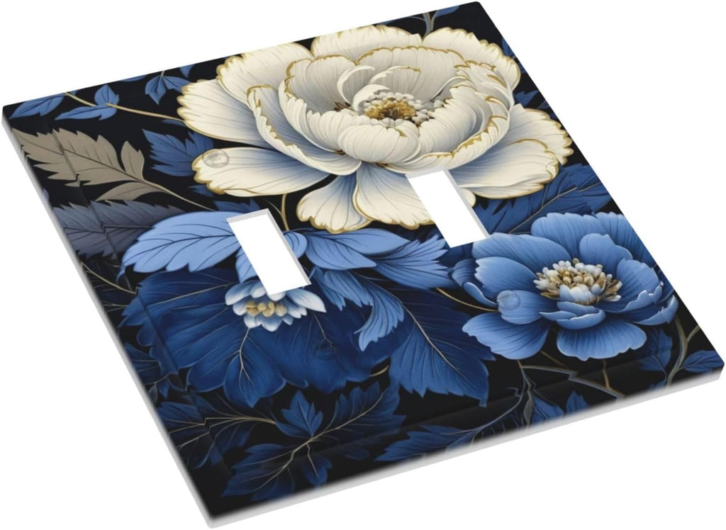 Blue White Flowers Light Switch Covers Double Toggle 2 Gang Wall Plate Dual Decorative Switchplate Electrical Faceplate for Farmhouse Decor