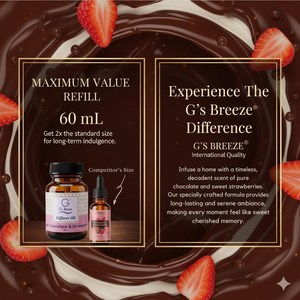 G’s Breeze Smart Diffuser with Refill – Bluetooth & Wi-Fi App Control, Gradient LED Lighting, Adjustable Scent Intensity, 24 Hour, Aromatherapy Diffuser for Home & Office - Dark Chocolate & Strawberry