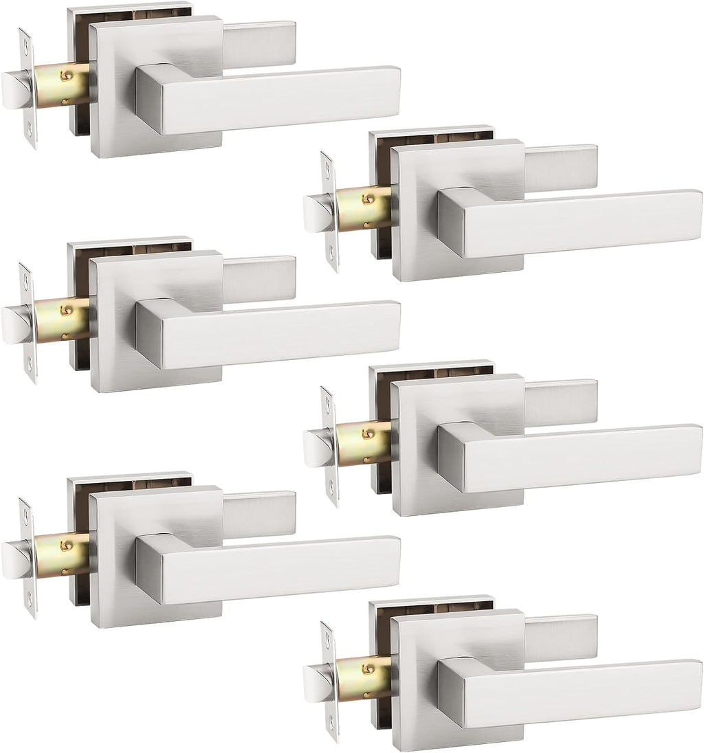 KNOBWELL 6 Pack Brushed Nickel Interior Door Knob, Heavy Duty Passage Lever Door Handle for Closet Hallway Satin Nickel Indoor Door Handle(No Lock)