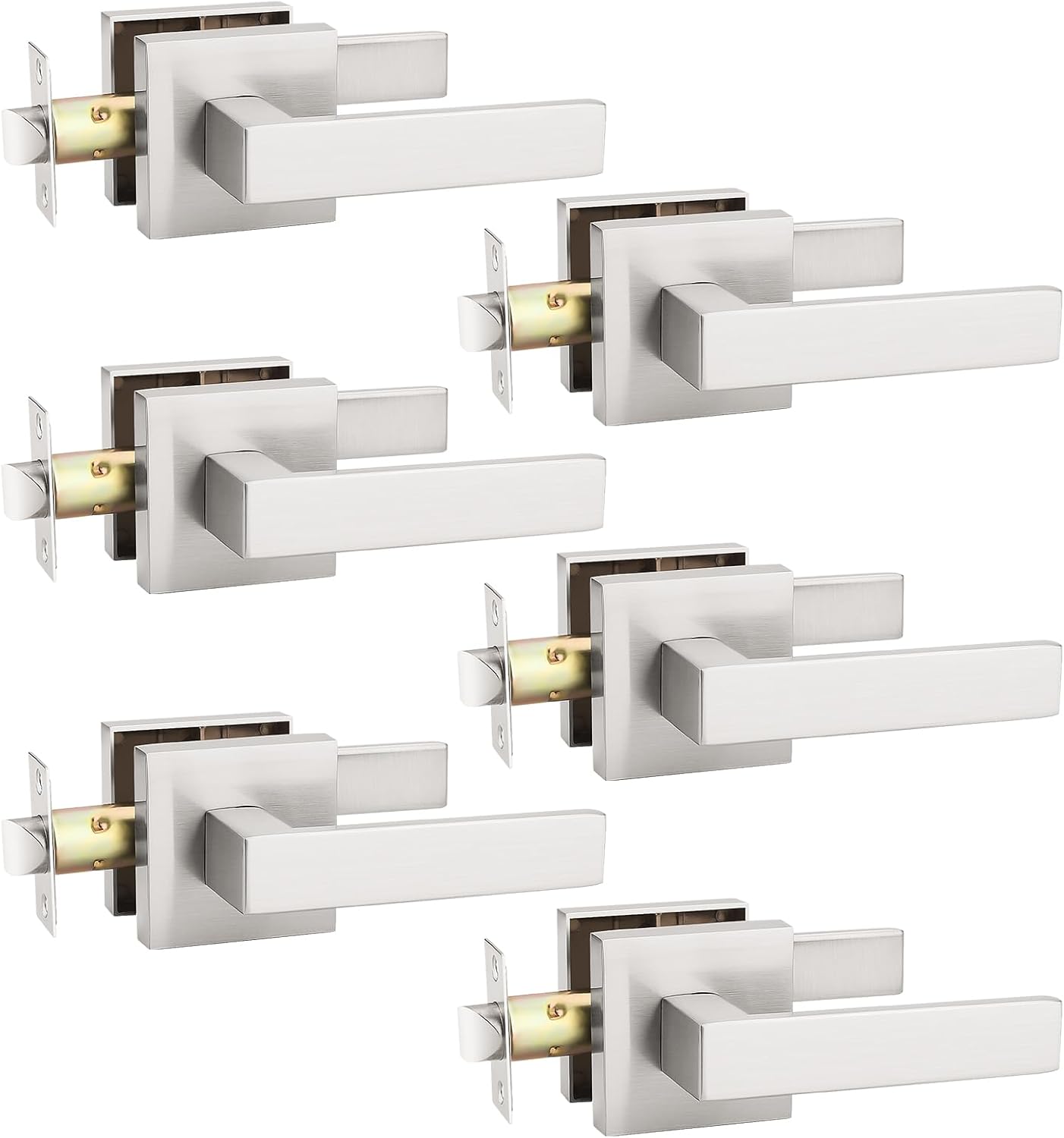 KNOBWELL 6 Pack Brushed Nickel Interior Door Knob, Heavy Duty Passage Lever Door Handle for Closet Hallway Satin Nickel Indoor Door Handle(No Lock)