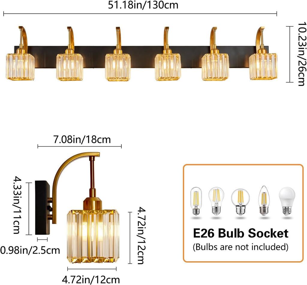 Crystal Vanity Lights 6-Light Black Gold Bathroom Vanity Lights Modern Crystal Bathroom Light Fixtures Over Mirror 51.18" Long Vanity Light for Bathroom
