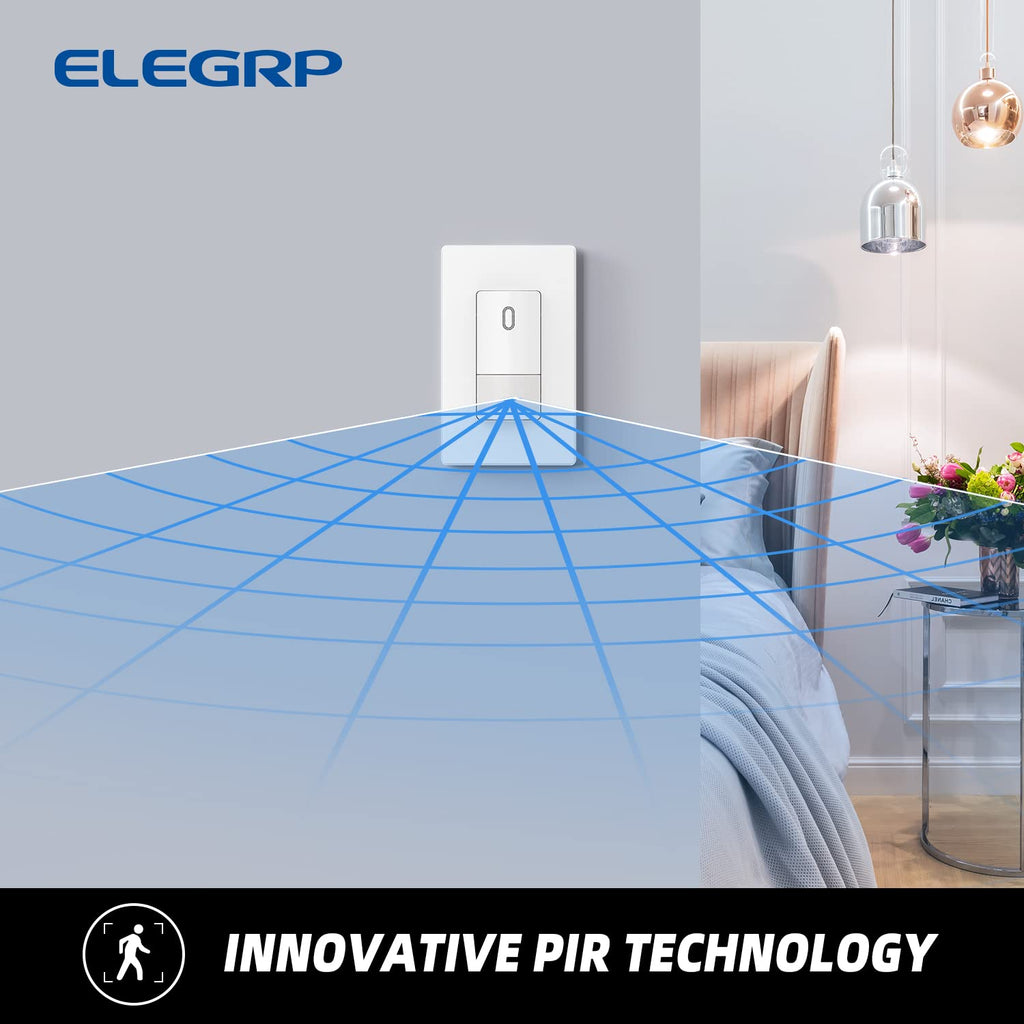 ELEGRP Occupancy Motion Sensor Light Switch, PIR Infrared Motion Activated Wall Switch, No Neutral Wire, Single Pole for CFL/LED/Incandescent Bulb, Wall Plate Included, UL Listed (6 Pack, Matte White)