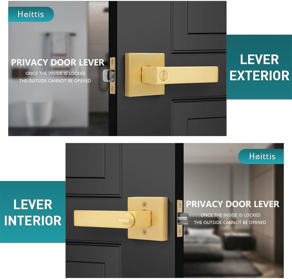 3 Pack Privacy Gold Door Knob Keyless Square Heavy Door Levers, Bed/Bathroom Door Handle Exterior Doorknob with Button for Bedroom or Bathroom