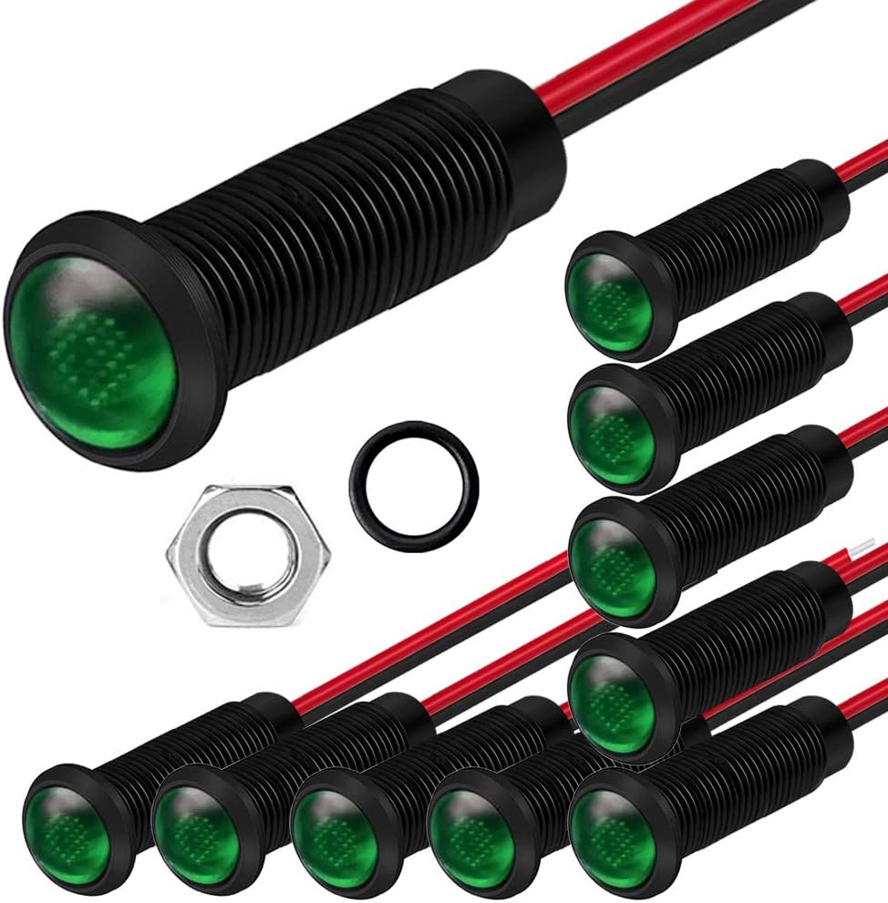 10pcs LED Plastic Indicator Pilot Light AC/DC 12-24V Mounting Hole Size 6mm(Green)