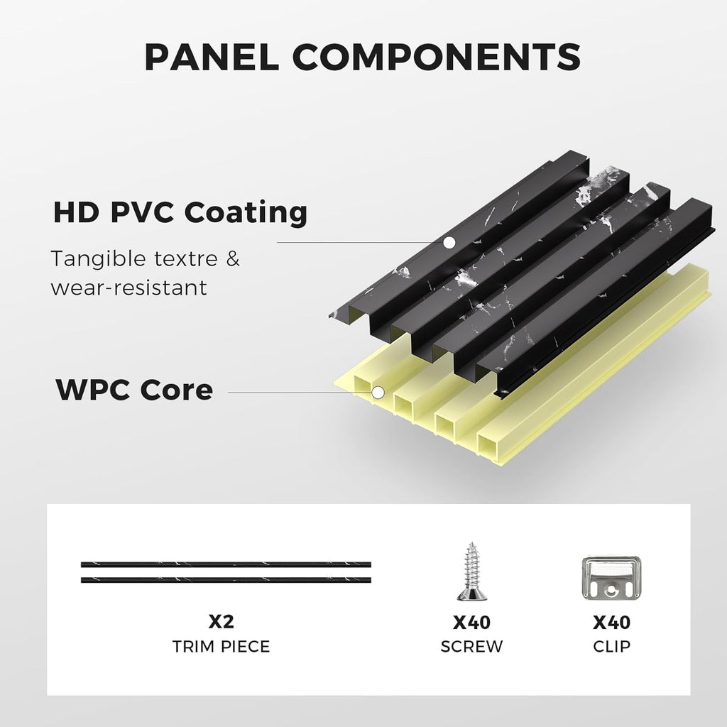 OUZUGIE WPC Acoustic Slat Wall Paneling, 8-Pack 114 x 6 Inches 3D Wall Panels for Interior Wall Decor,Living Room,TV Background,Study Room,Office Spaces,Bedroom,High Grille (Black Marble-1)