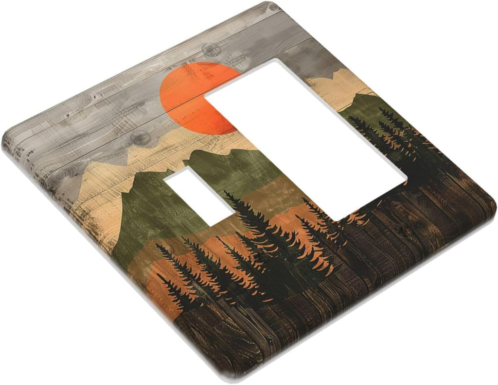 Outlet Covers Vintage Wood Grain Sun Forest Mountains 1 Toggle 1 Rocker Combination Decorative Wall Plate Electrical Switch Plates Light Switch Cover Plate for Farmhouse Cabin Decor