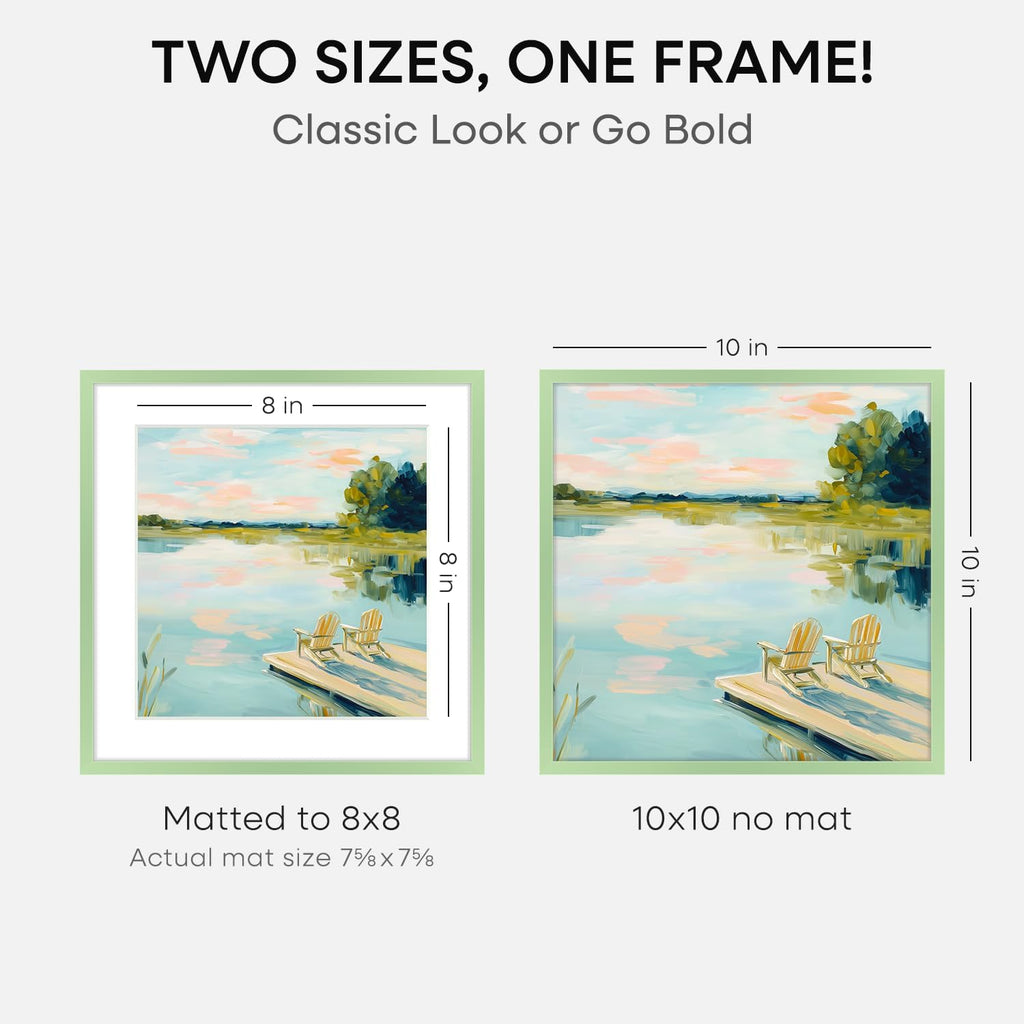 Homeforia 10x10 Picture Frame Sage Green, High End Metal 10 by 10 Square Frames with Mat 8 x 8 Photo, 10by10 Poster Frame Matted to 8x8 Art, Wall or Tabletop Frames, Tempered Glass, Wall Kit, Set of 2