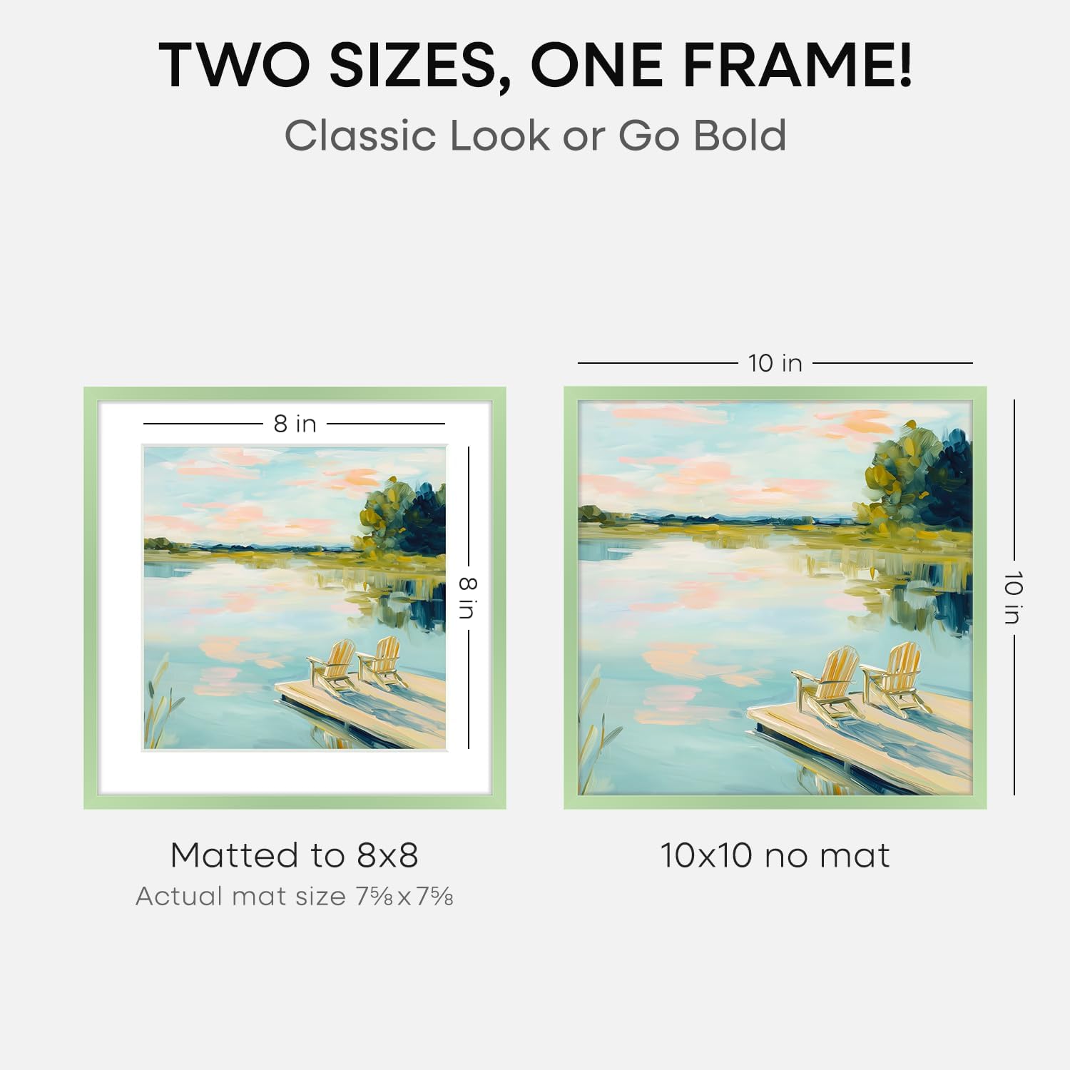 Homeforia 10x10 Picture Frame Sage Green, High End Metal 10 by 10 Square Frames with Mat 8 x 8 Photo, 10by10 Poster Frame Matted to 8x8 Art, Wall or Tabletop Frames, Tempered Glass, Wall Kit, Set of 1