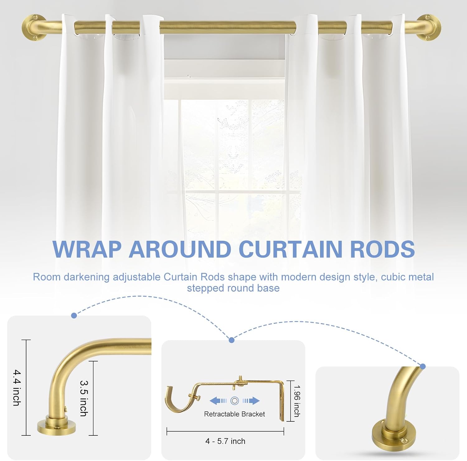 Gold Wrap Around Curtain Rods 36 to 72 Inch:Blackout Heavy duty Adjustable Window Curtain Rod for Bedroom,Industrial Darkening Curved French Metal Single Drapery Rods Easy Install,Brushed Gold