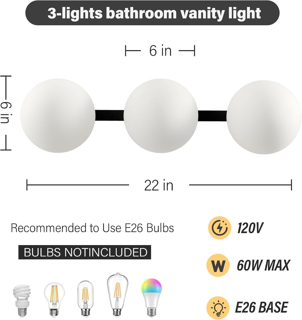 Bathroom Vanity Mirror Light Fixtures: 3 Lights Bath Wall Sconce Lighting - Black Vanity Lights with Milk Glass Shade - Modern Minimalist Makeup Light Fixture above Mirror for Hallway Bedroom E26 Base