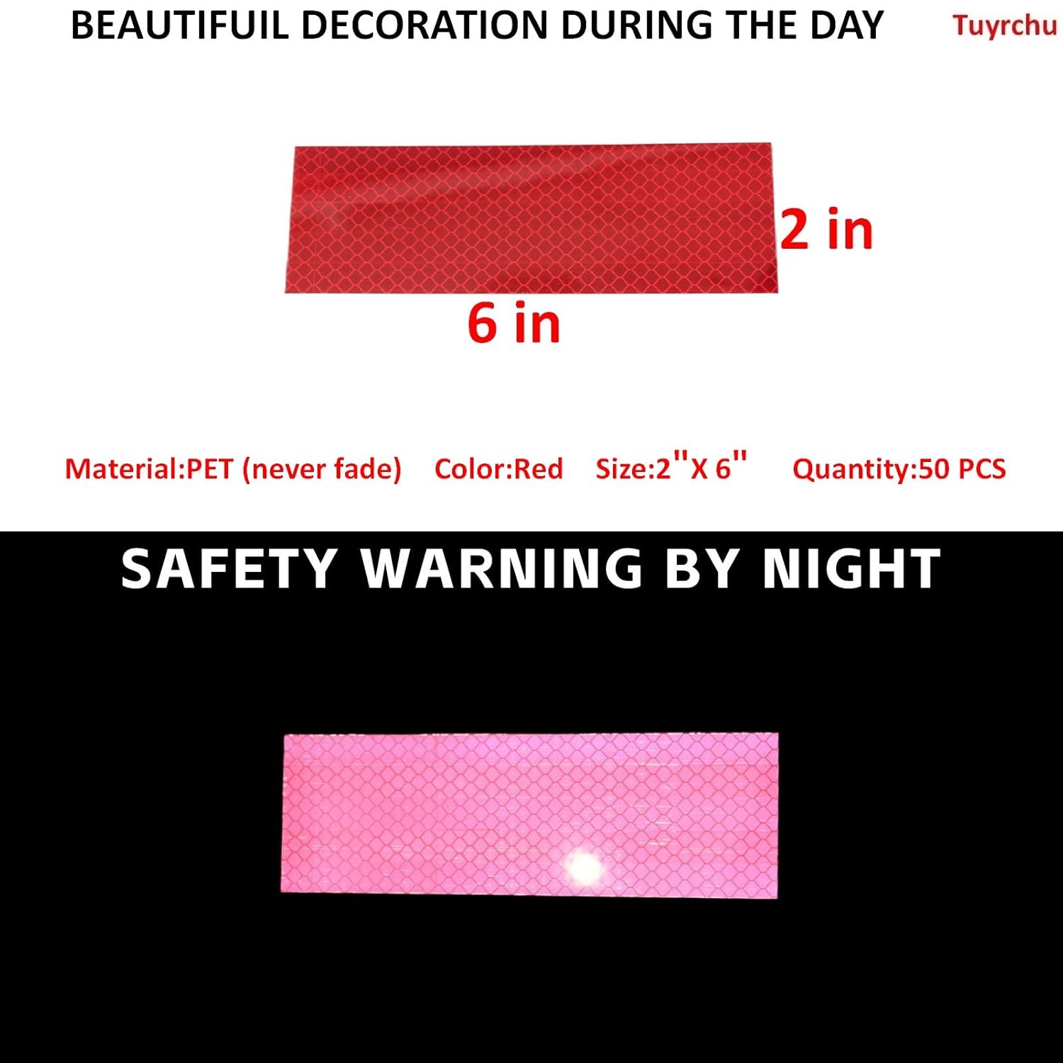 Non Fading Red Reflective Stickers 2 inch X 6 inch, Outdoor Waterproof High Visibility Warning Safety Adhesive Reflector Tape (50 Pcs)