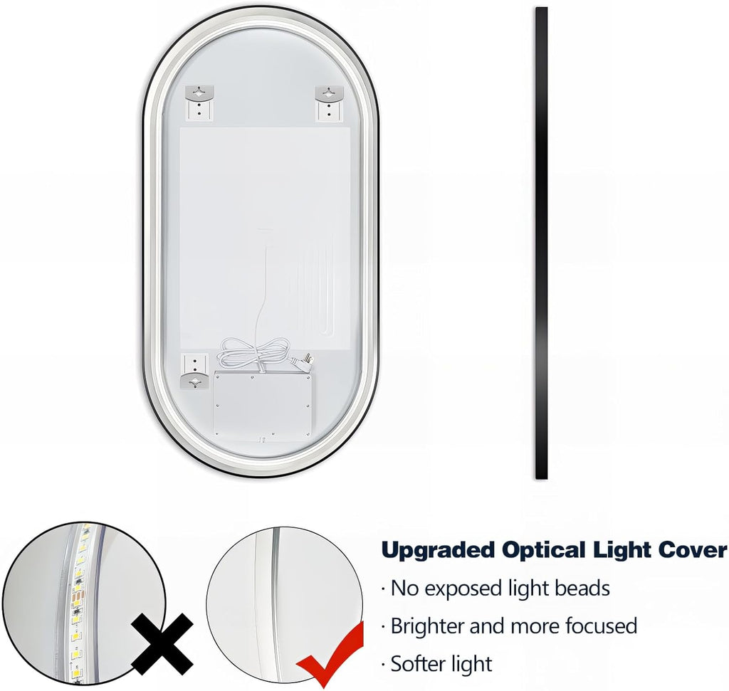 Niccy Oval LED Mirror for Bathroom, 48x24 Front Lit + Backlit Vanity Mirrors with Light Anti-Fog, Shatter-Proof, 3 Colors, Makeup Mirror with Black Frame (Horizontal/Vertical)