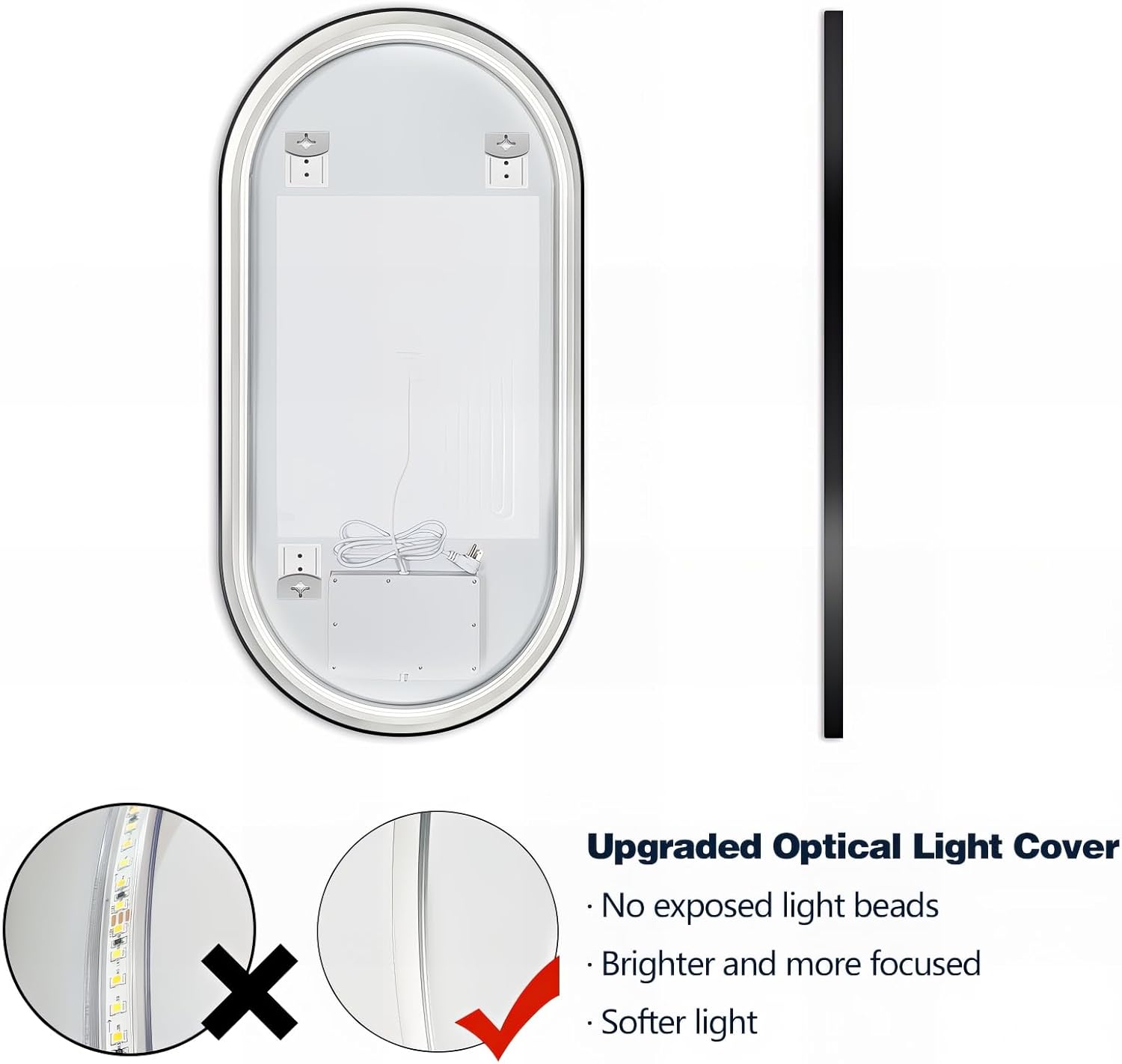 Niccy Oval LED Mirror for Bathroom, 48x24 Front Lit + Backlit Vanity Mirrors with Light Anti-Fog, Shatter-Proof, 3 Colors, Makeup Mirror with Black Frame (Horizontal/Vertical)