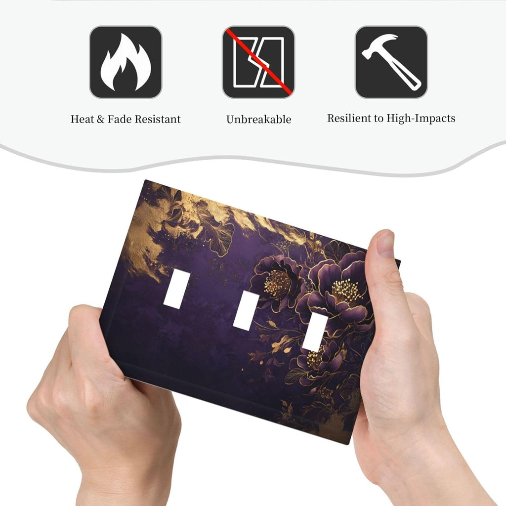 Decorative Purple Peony Gold Leaf Flowers Floral 3 Gang Wall Plate Oversized Triple Toggle Switch Cover Plate Jumbo Electrical Face Plate for Bedroom Decor