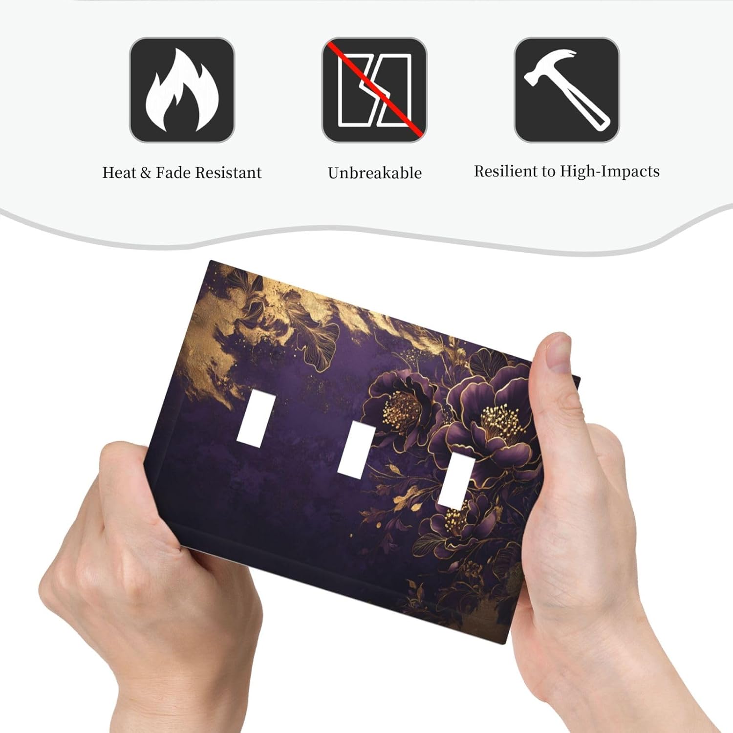 Decorative Purple Peony Gold Leaf Flowers Floral 3 Gang Wall Plate Oversized Triple Toggle Switch Cover Plate Jumbo Electrical Face Plate for Bedroom Decor