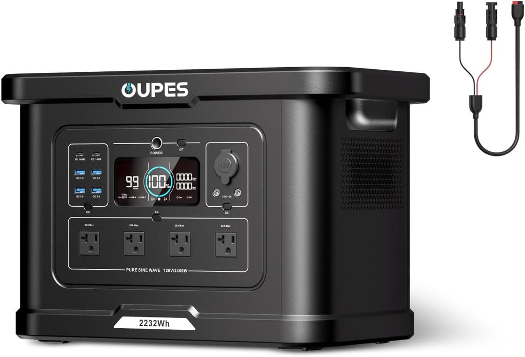 OUPES Exodus 2400 Portable Power Station & Solar Generator with Cable, 2400W AC Output, 2232Wh LiFePO4 Battery, 1.5H Fast Charge, UPS for Home Backup, Camping, RV, Photography & Drone Power