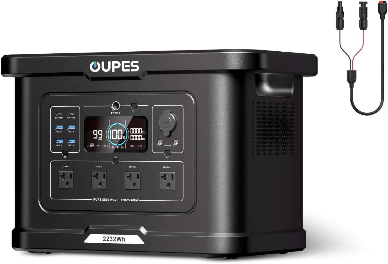 OUPES Exodus 2400 Portable Power Station & Solar Generator with Cable, 2400W AC Output, 2232Wh LiFePO4 Battery, 1.5H Fast Charge, UPS for Home Backup, Camping, RV, Photography & Drone Power