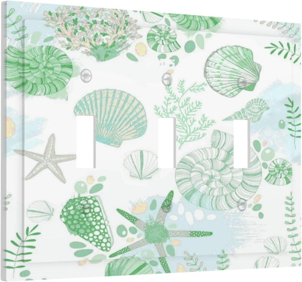 Beach Nautical Starfish Scallop Coral Conch Decorative Switch Plates 3 Gang Wall Plate Triple Toggle Light Switch Cover Faceplate Electrical Wall Panels for Bathroom Home Decor