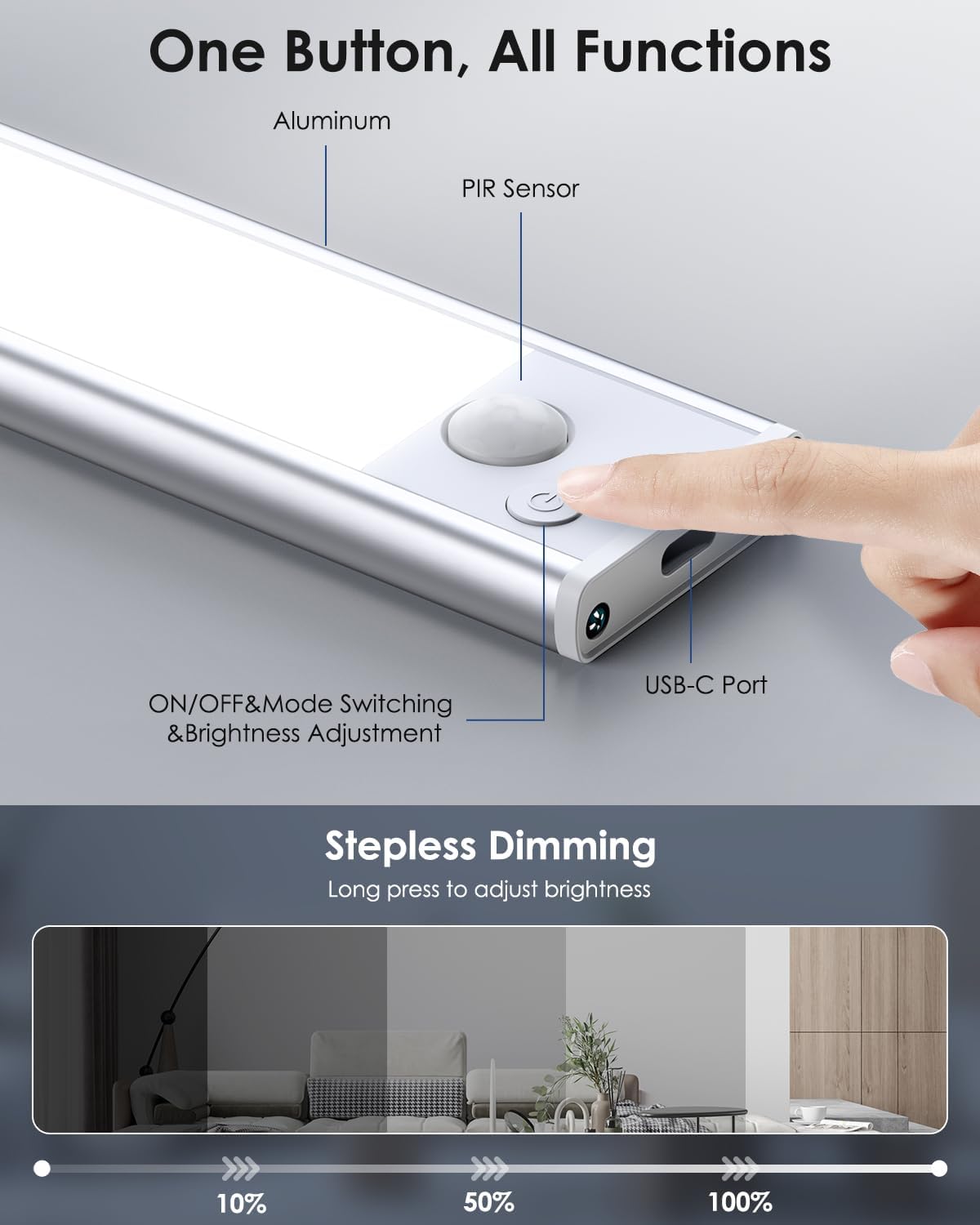 VerRon 10in Under Cabinet Lighting, Upgraded 2200mAh Rechargeable Under Cabinet Lights Wireless, LED Motion Sensor Light Indoor Closet Lights Under-Counter Light Fixtures for Kitchen, Hallway, 2-Pack
