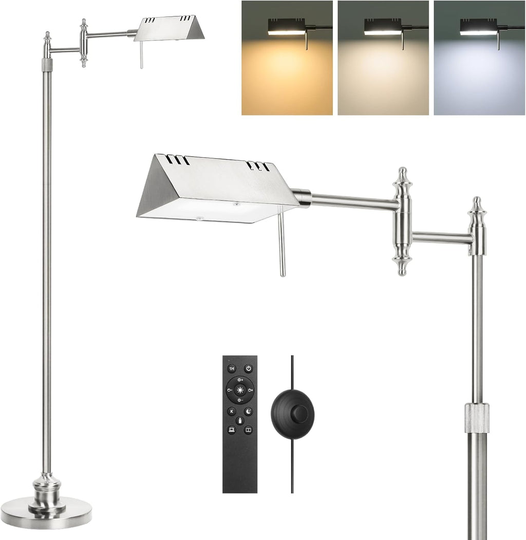 Dimmable Pharmacy Floor Lamp with Remote, 15W LED Reading Floor Lamp with 360°Swing Arm, 3 Color Temperature, Height Adjustable Silver Standing Task Lamp for Living Room, Bedroom, Brushed Nickel