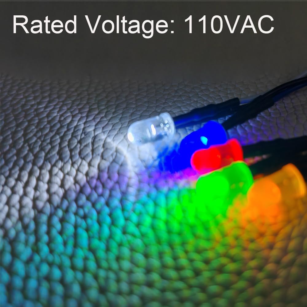 50pcs 110VAC 5mm LED Lights, Prewired 7.9 Inch V LED, Red/Yellow/Green/Blue/White
