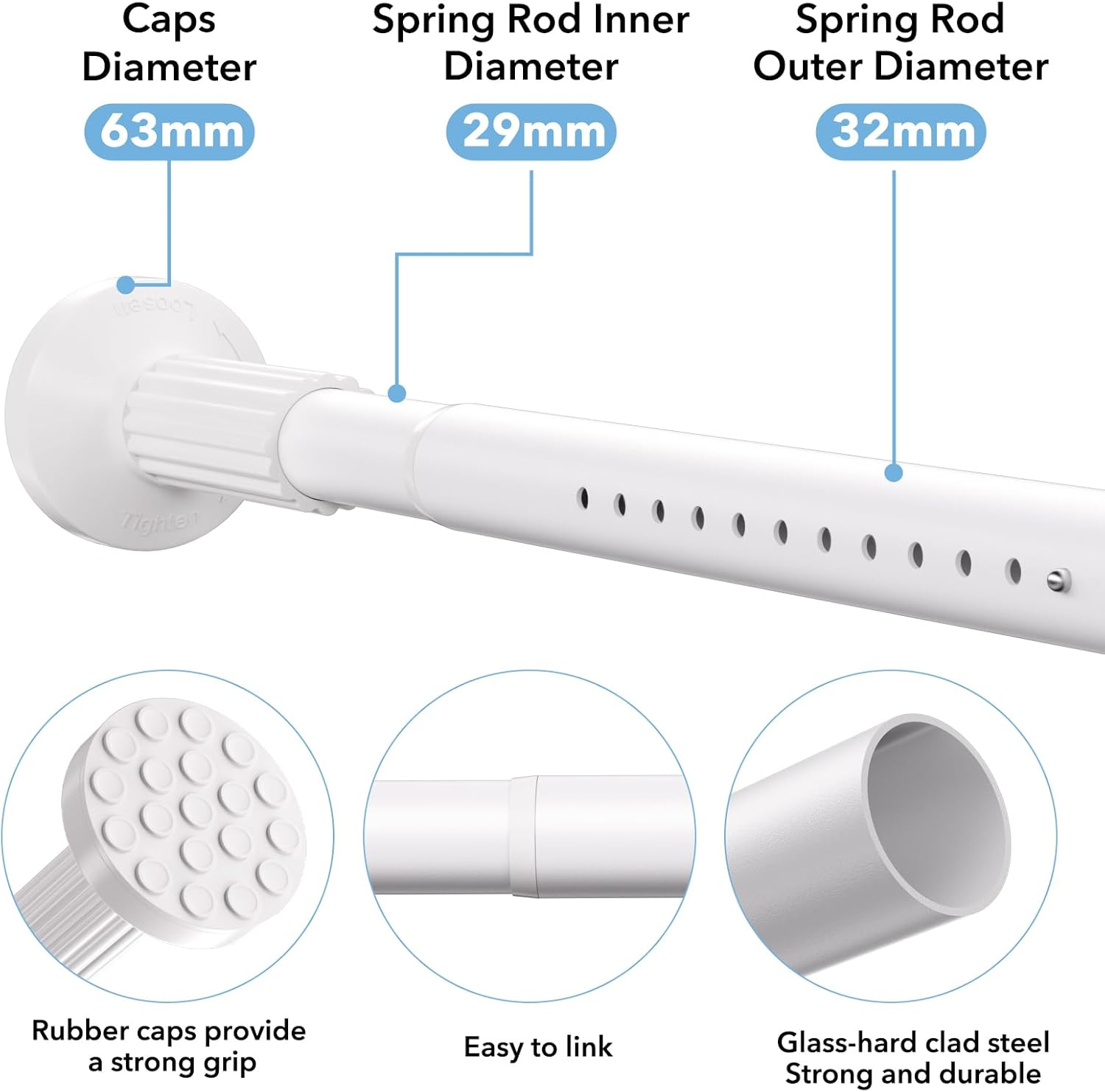 Tension Curtain Rod 51–128 In (4.25–10.67 ft),Extra Long Outdoor Curtain Rod for Window or Bathroom Patio,Easy to Install No Drilling Never Rust,Heavy Duty Adjustable Spring Shower Rod